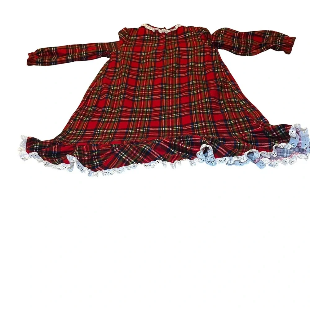 Kids Size 4T Red Plaid Nightgown Long Sleeve Lace Trim Ruffle Sleepwear